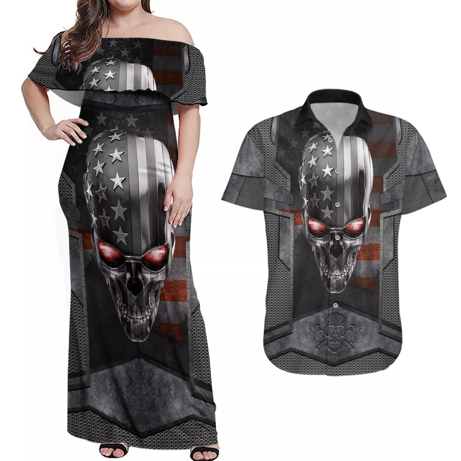 Skull Couples Matching Off Shoulder Maxi Dress and Hawaiian Shirt Metal Head Skull American - Wonder Print Shop