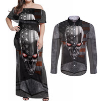 Skull Couples Matching Off Shoulder Maxi Dress and Long Sleeve Button Shirts Metal Head Skull American - Wonder Print Shop