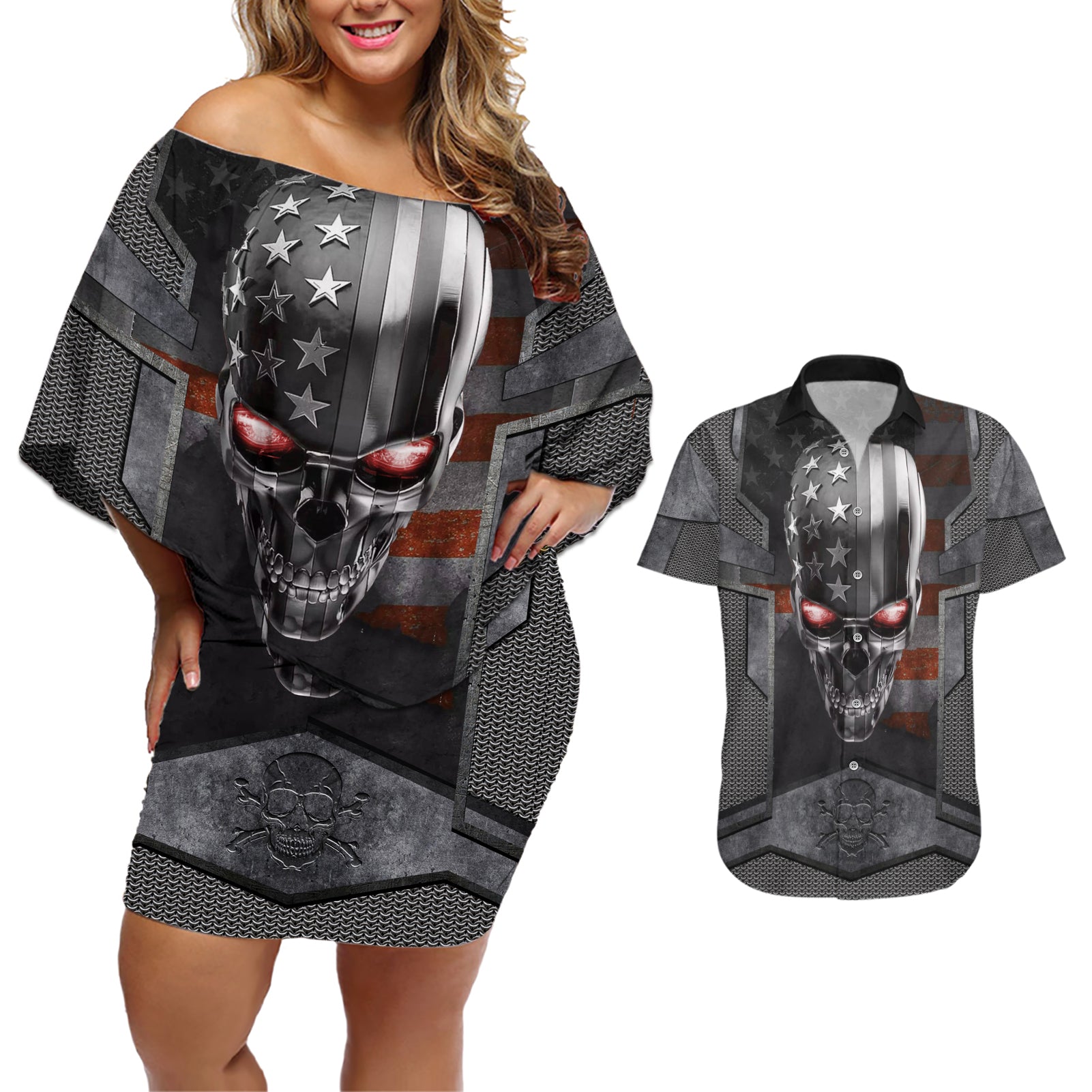 Skull Couples Matching Off Shoulder Short Dress and Hawaiian Shirt Metal Head Skull American - Wonder Print Shop