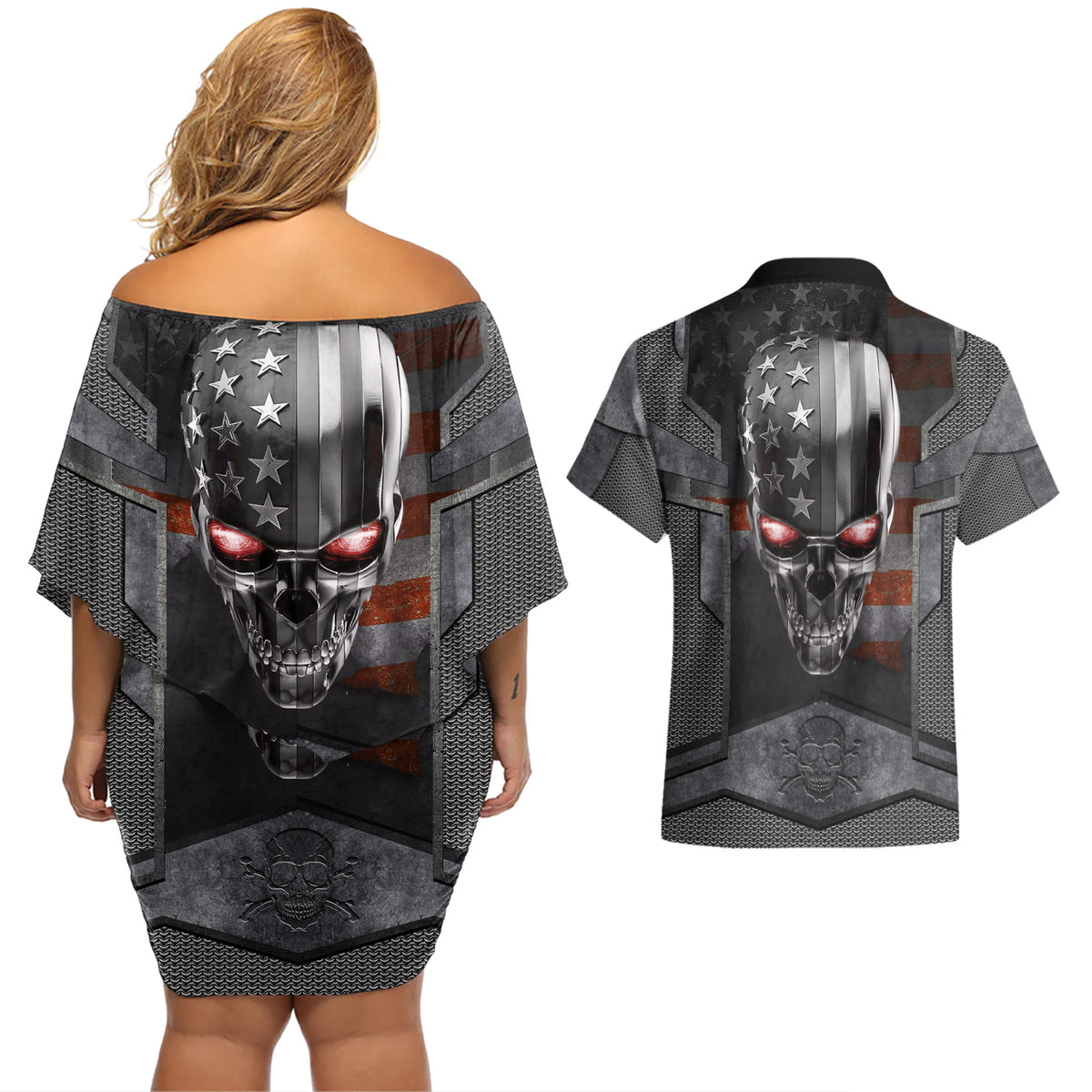 Skull Couples Matching Off Shoulder Short Dress and Hawaiian Shirt Metal Head Skull American - Wonder Print Shop