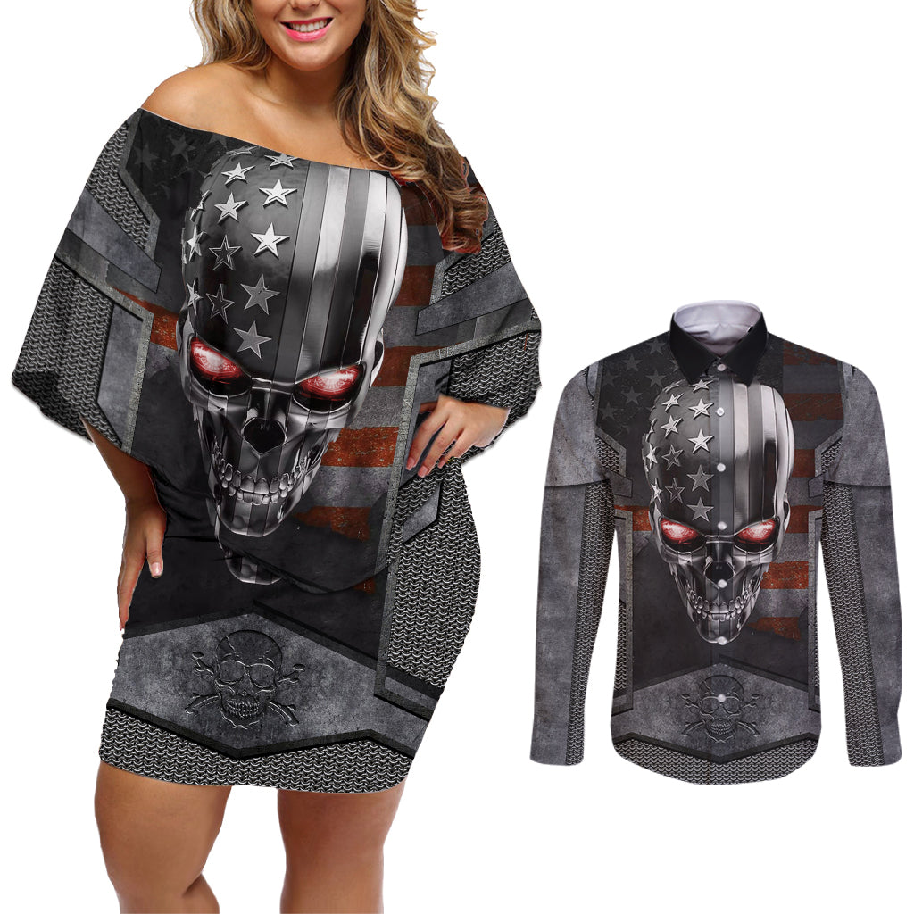 Skull Couples Matching Off Shoulder Short Dress and Long Sleeve Button Shirts Metal Head Skull American - Wonder Print Shop