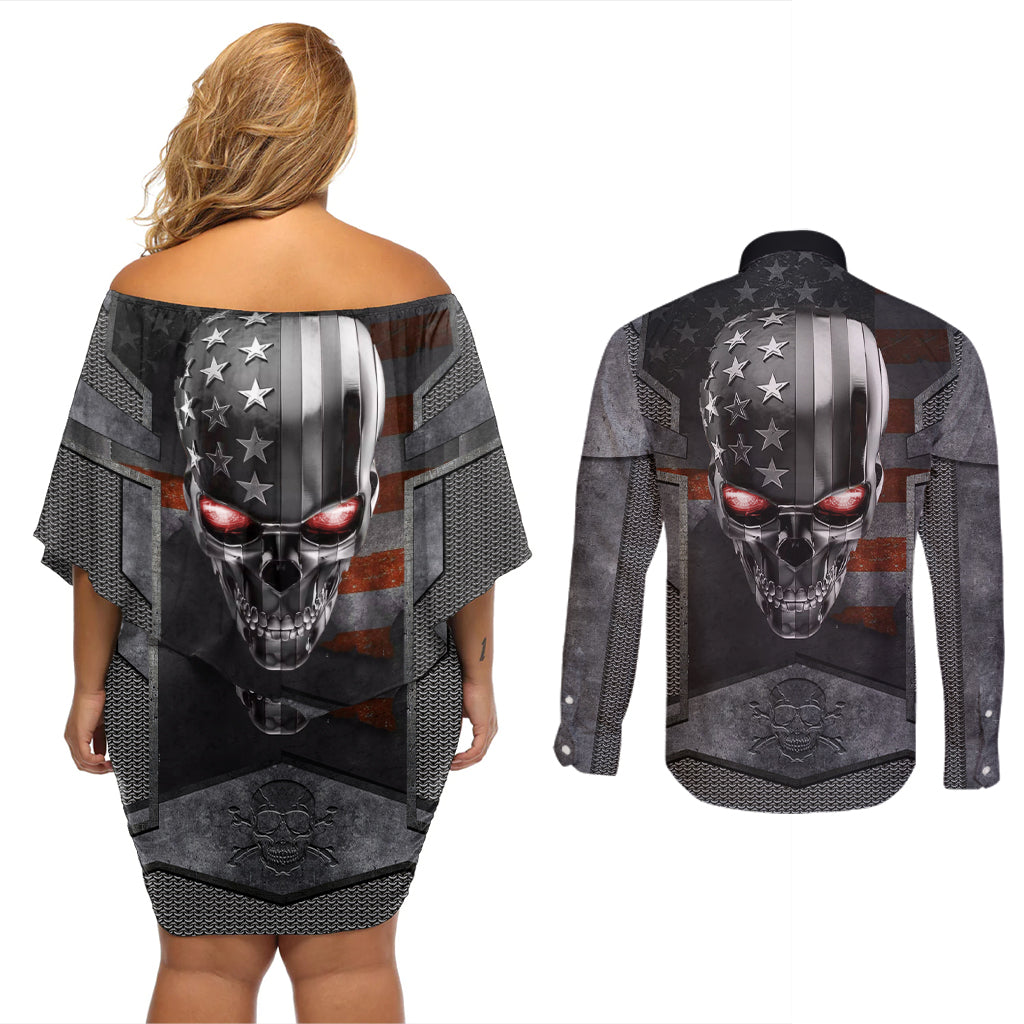 Skull Couples Matching Off Shoulder Short Dress and Long Sleeve Button Shirts Metal Head Skull American - Wonder Print Shop