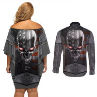 Skull Couples Matching Off Shoulder Short Dress and Long Sleeve Button Shirts Metal Head Skull American - Wonder Print Shop