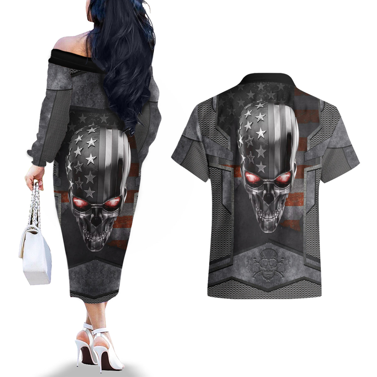 Skull Couples Matching Off The Shoulder Long Sleeve Dress and Hawaiian Shirt Metal Head Skull American - Wonder Print Shop