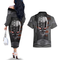 Skull Couples Matching Off The Shoulder Long Sleeve Dress and Hawaiian Shirt Metal Head Skull American - Wonder Print Shop