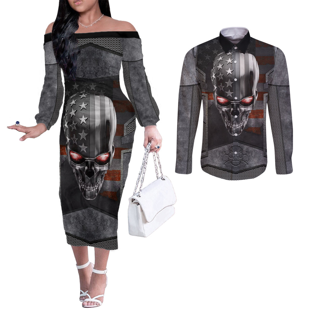 Skull Couples Matching Off The Shoulder Long Sleeve Dress and Long Sleeve Button Shirts Metal Head Skull American DT01