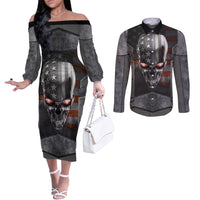 Skull Couples Matching Off The Shoulder Long Sleeve Dress and Long Sleeve Button Shirts Metal Head Skull American DT01