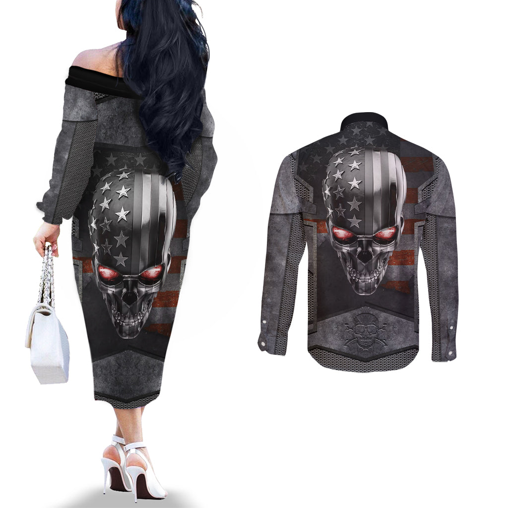 Skull Couples Matching Off The Shoulder Long Sleeve Dress and Long Sleeve Button Shirts Metal Head Skull American DT01