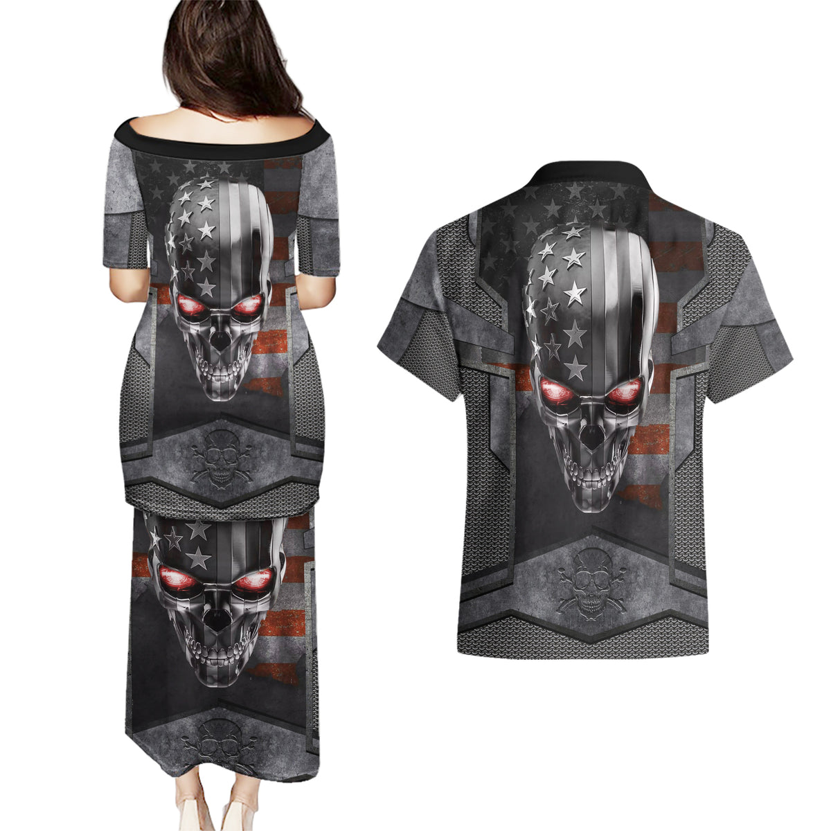 Skull Couples Matching Puletasi Dress and Hawaiian Shirt Metal Head Skull American - Wonder Print Shop