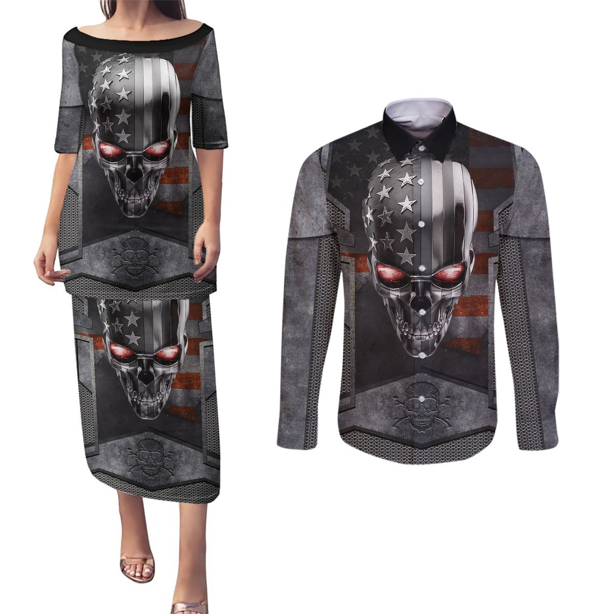 Skull Couples Matching Puletasi Dress and Long Sleeve Button Shirts Metal Head Skull American - Wonder Print Shop