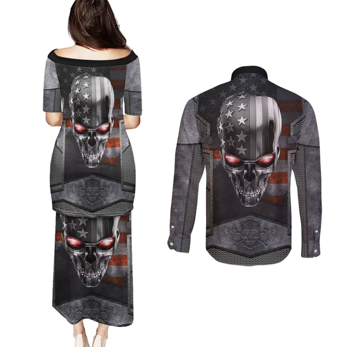 Skull Couples Matching Puletasi Dress and Long Sleeve Button Shirts Metal Head Skull American - Wonder Print Shop