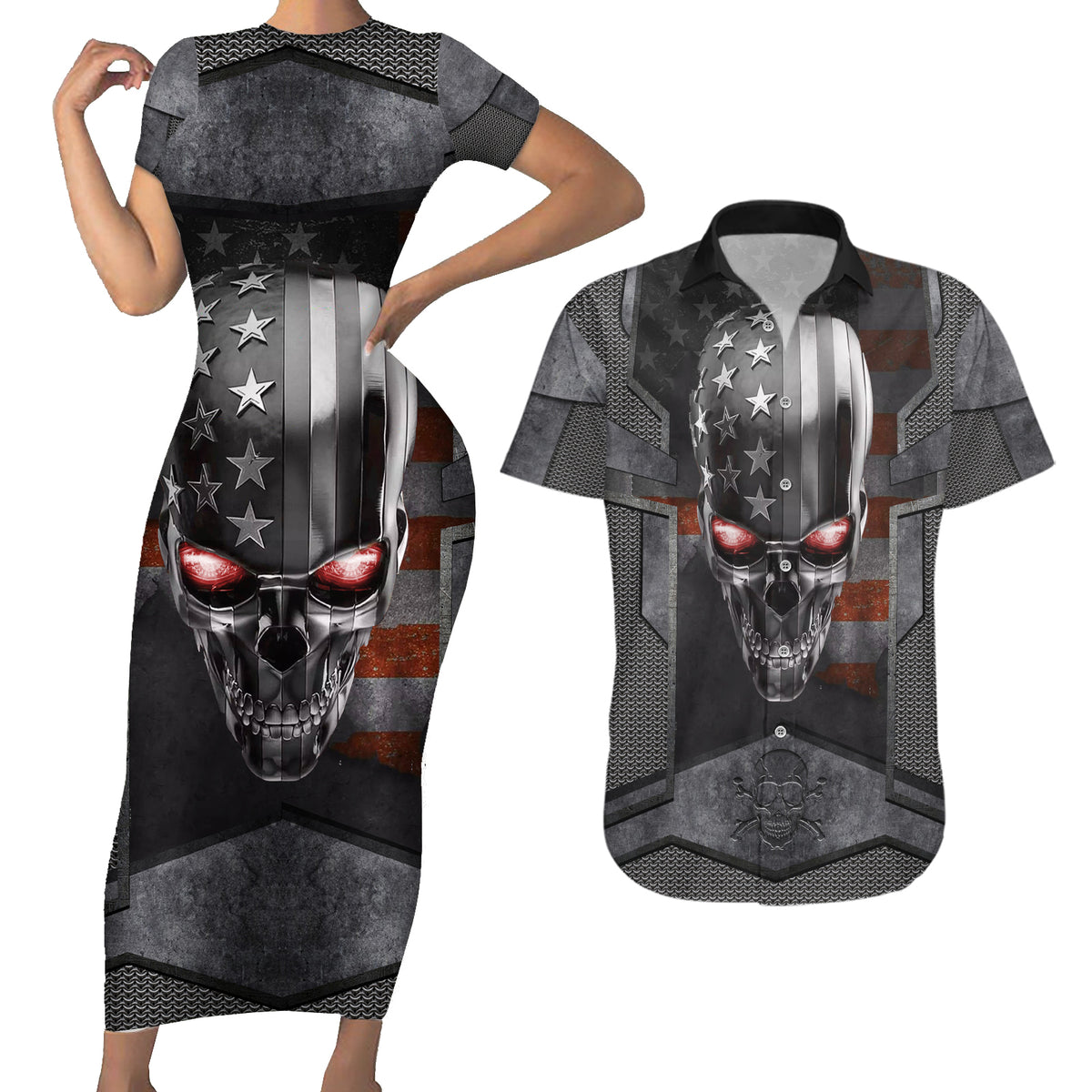 Skull Couples Matching Short Sleeve Bodycon Dress and Hawaiian Shirt Metal Head Skull American - Wonder Print Shop