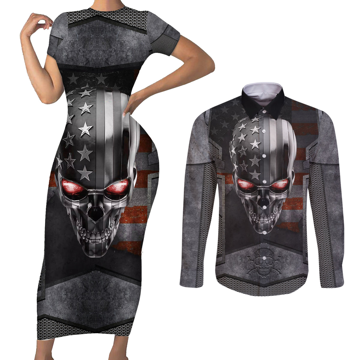 Skull Couples Matching Short Sleeve Bodycon Dress and Long Sleeve Button Shirts Metal Head Skull American - Wonder Print Shop