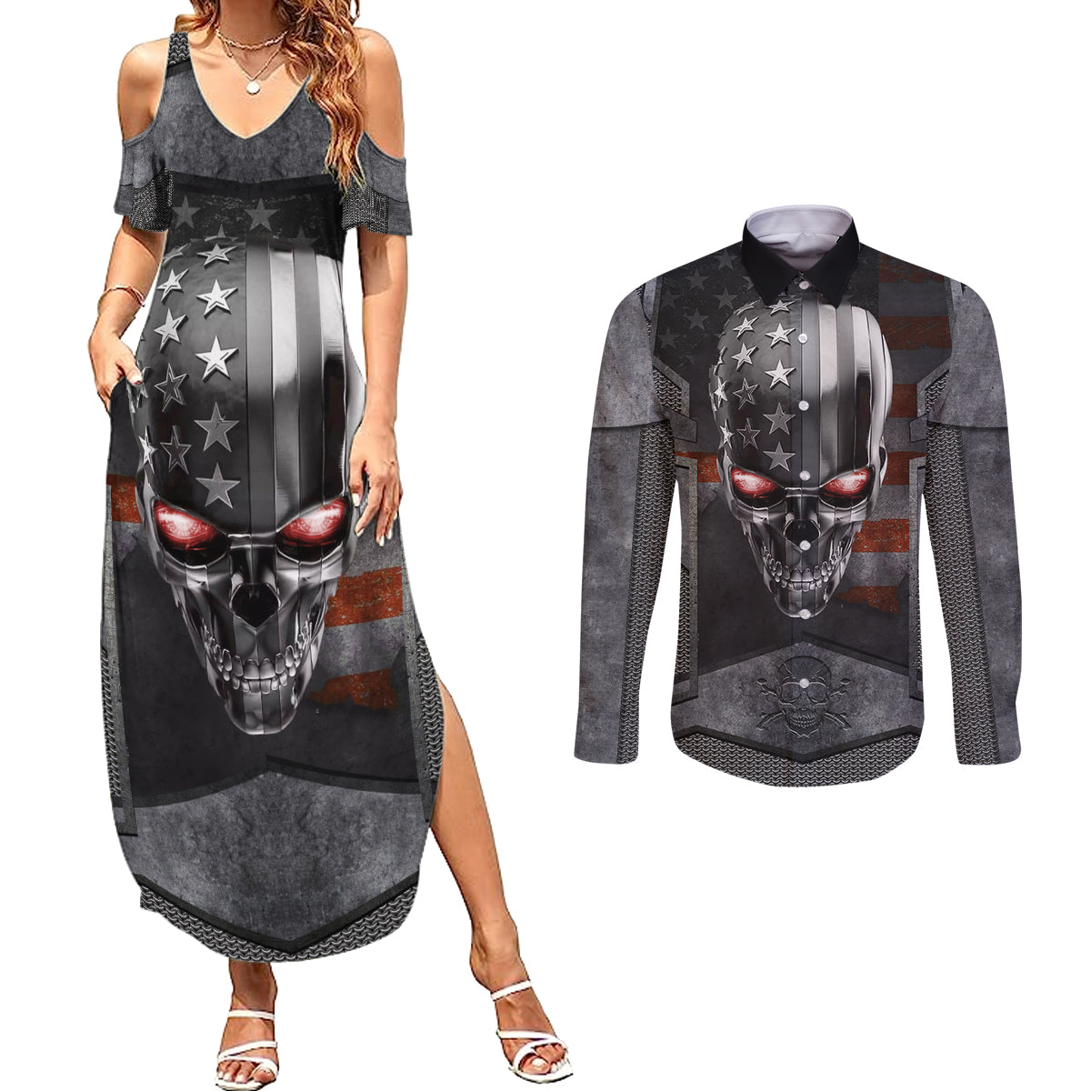 Skull Couples Matching Summer Maxi Dress and Long Sleeve Button Shirts Metal Head Skull American - Wonder Print Shop