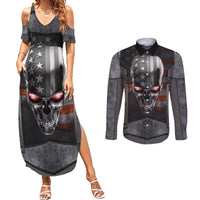 Skull Couples Matching Summer Maxi Dress and Long Sleeve Button Shirts Metal Head Skull American - Wonder Print Shop