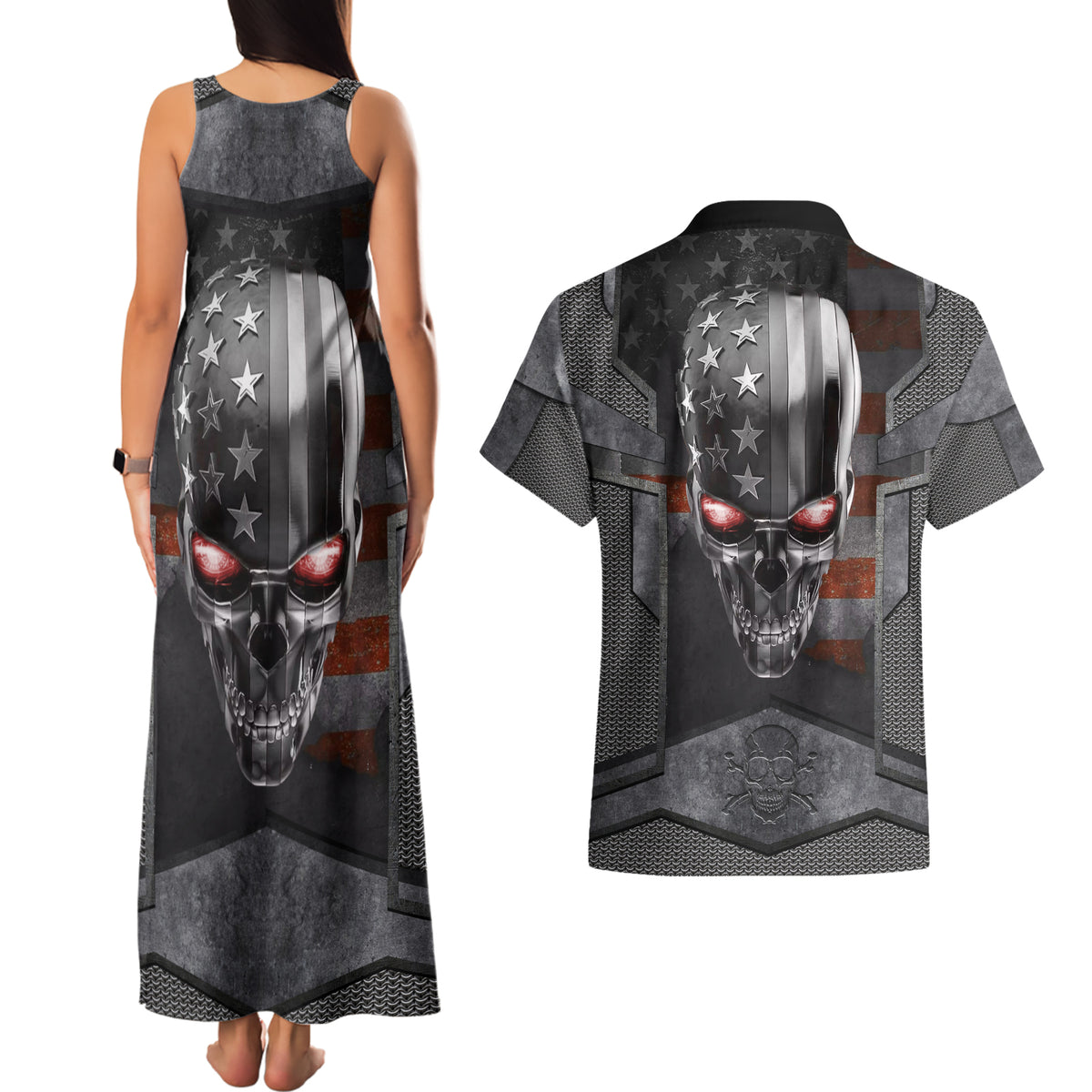 Skull Couples Matching Tank Maxi Dress And Hawaiian Shirt Metal Head Skull American - Wonder Print Shop