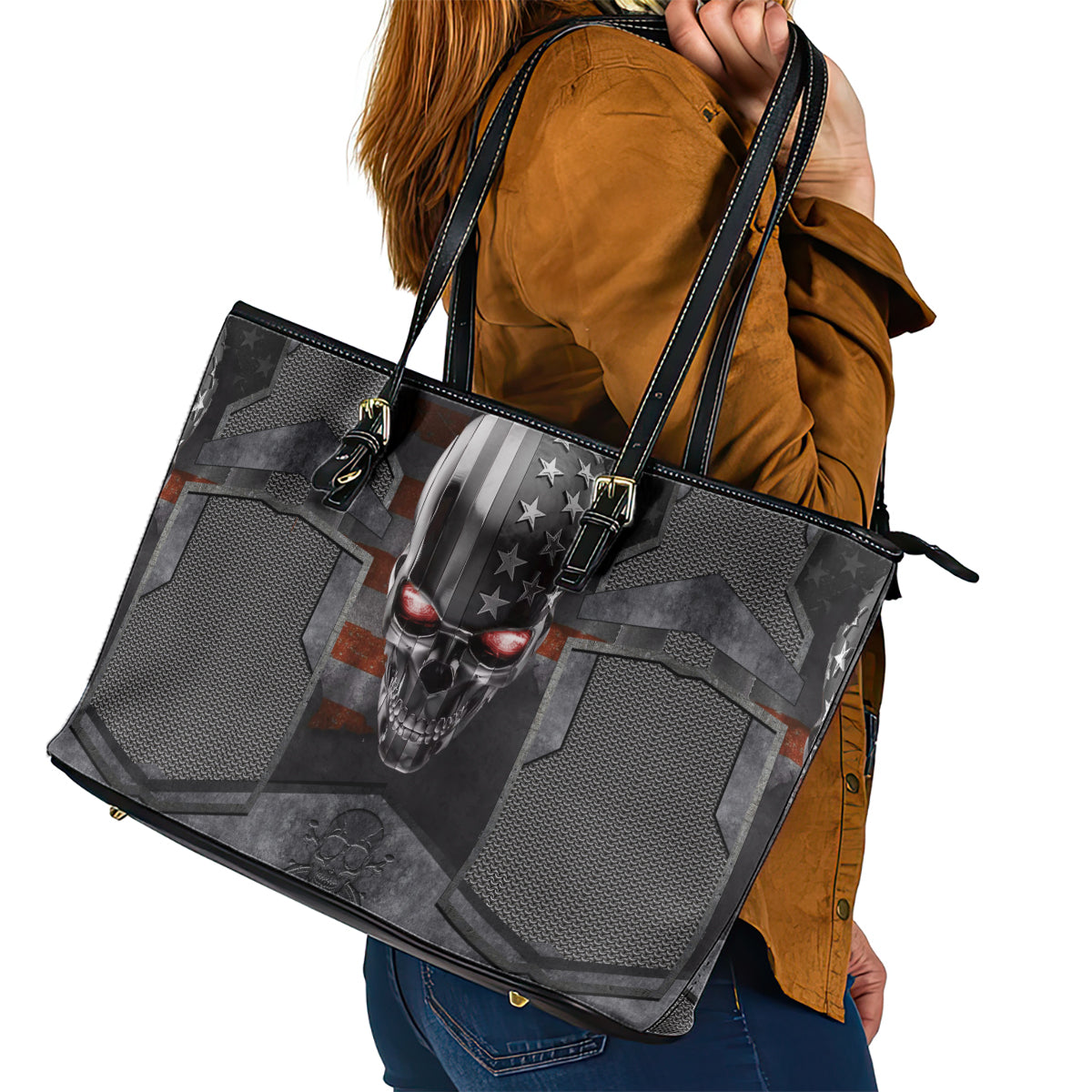 Skull Leather Tote Bag Metal Head Skull American - Wonder Print Shop