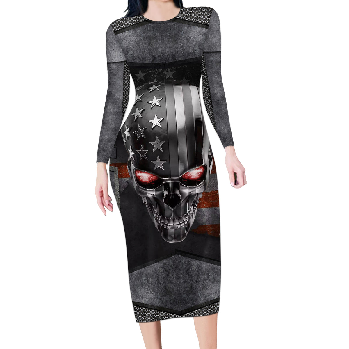 Skull Long Sleeve Bodycon Dress Metal Head Skull American - Wonder Print Shop
