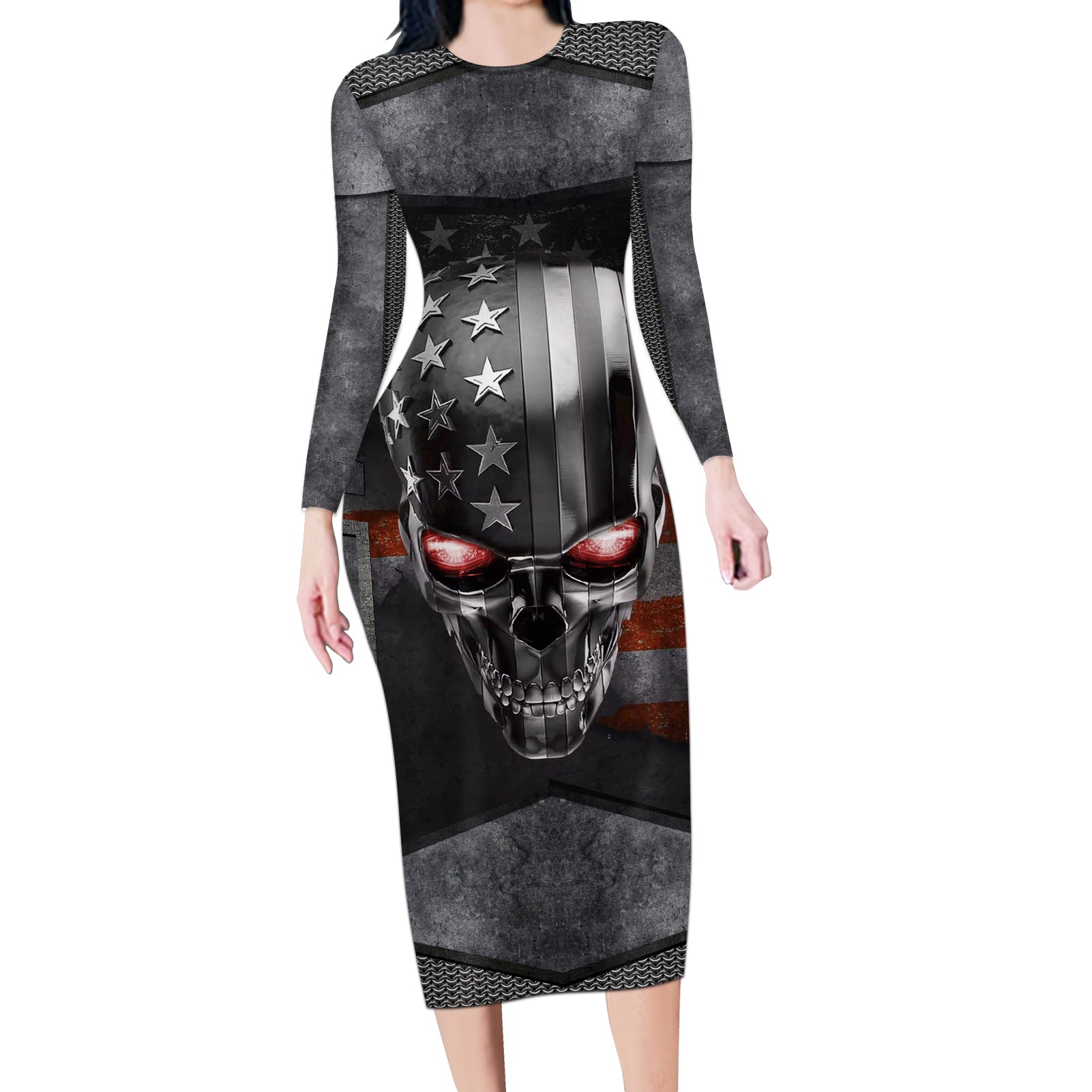 Skull Long Sleeve Bodycon Dress Metal Head Skull American - Wonder Print Shop