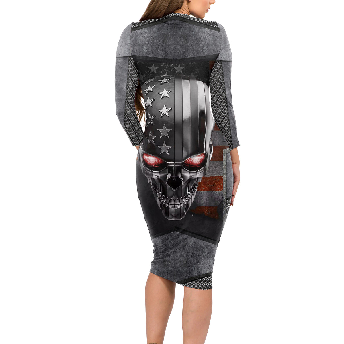 Skull Long Sleeve Bodycon Dress Metal Head Skull American - Wonder Print Shop