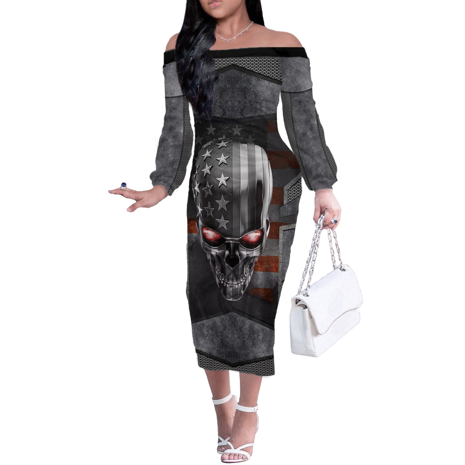 Skull Off The Shoulder Long Sleeve Dress Metal Head Skull American - Wonder Print Shop