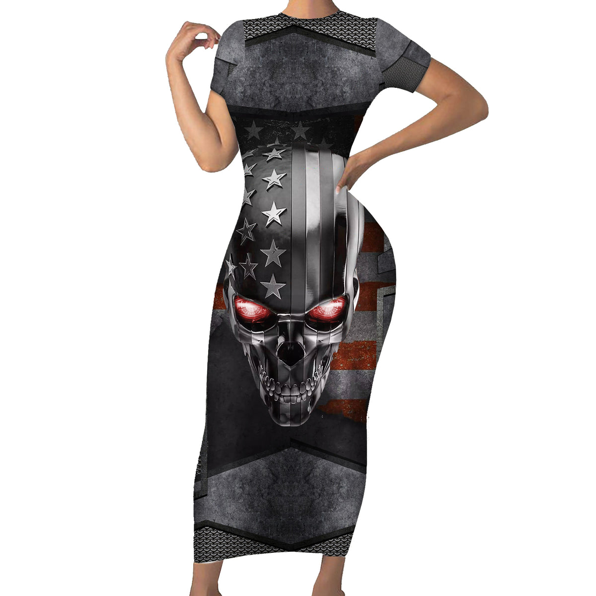 Skull Short Sleeve Bodycon Dress Metal Head Skull American - Wonder Print Shop