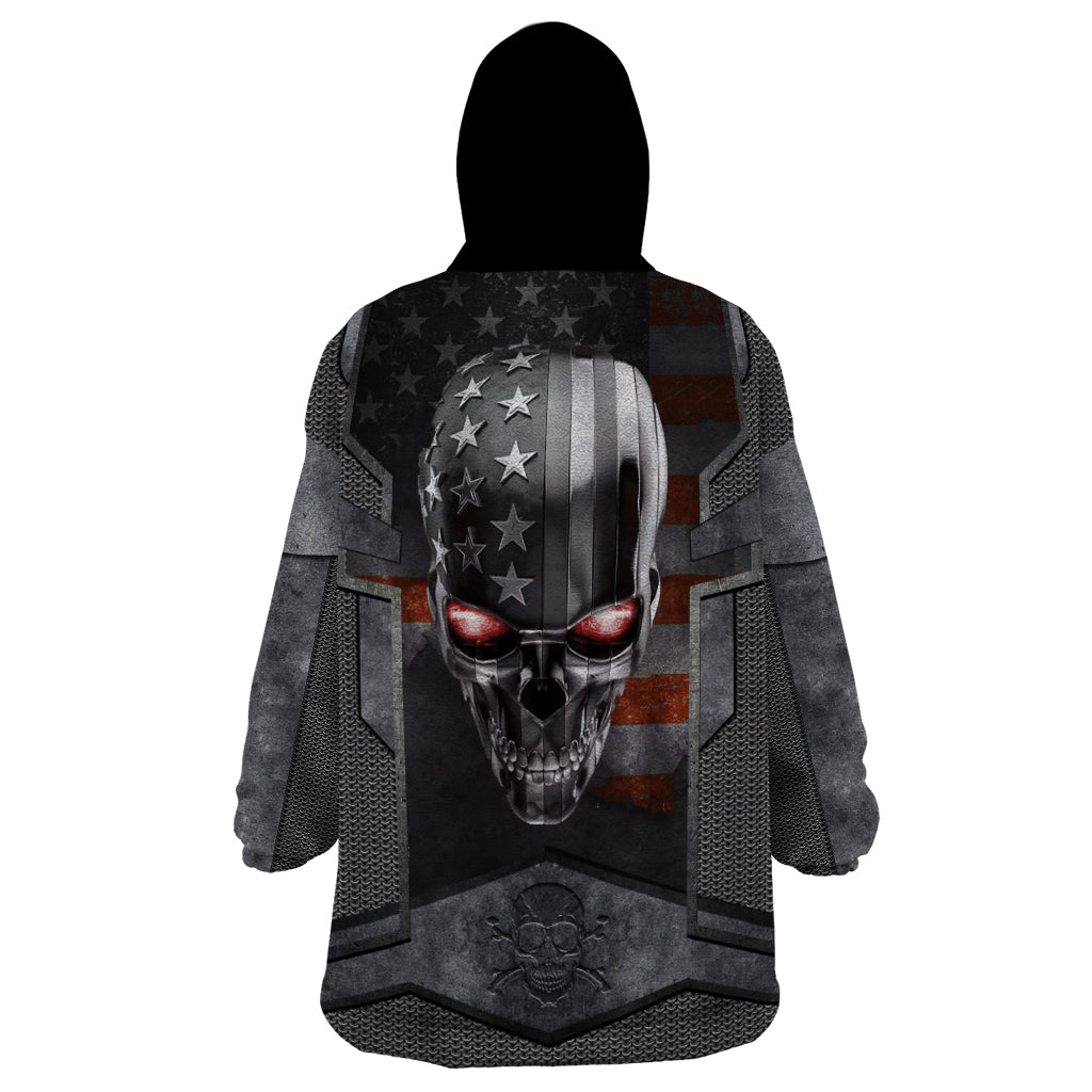 Wearable blanket hoodie with hood, skull face print and star-striped American flag paneling