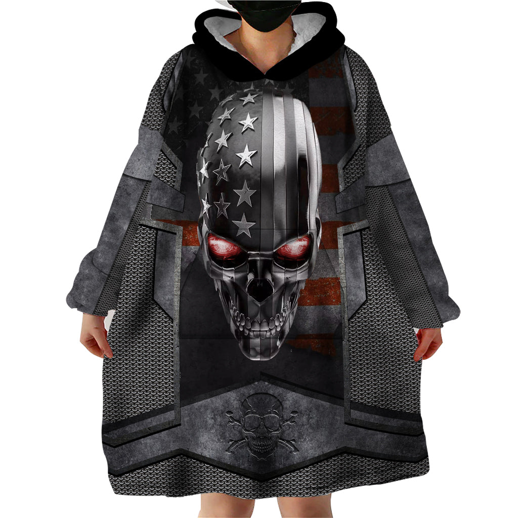 Wearable blanket hoodie, hooded front with large skull graphic on black-gray fabric