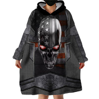 Wearable blanket hoodie, hooded front with large skull graphic on black-gray fabric
