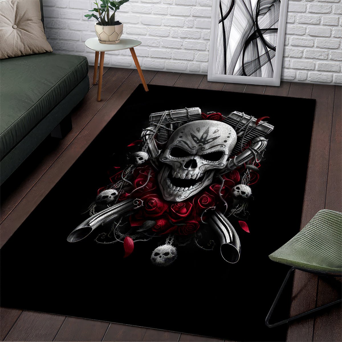 Skull Area Rug Riding Motocycle Girl Rose - Wonder Print Shop