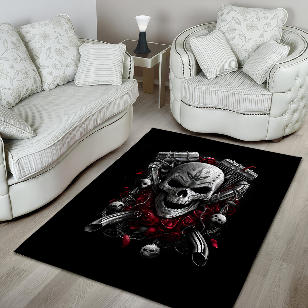 Skull Area Rug Riding Motocycle Girl Rose - Wonder Print Shop
