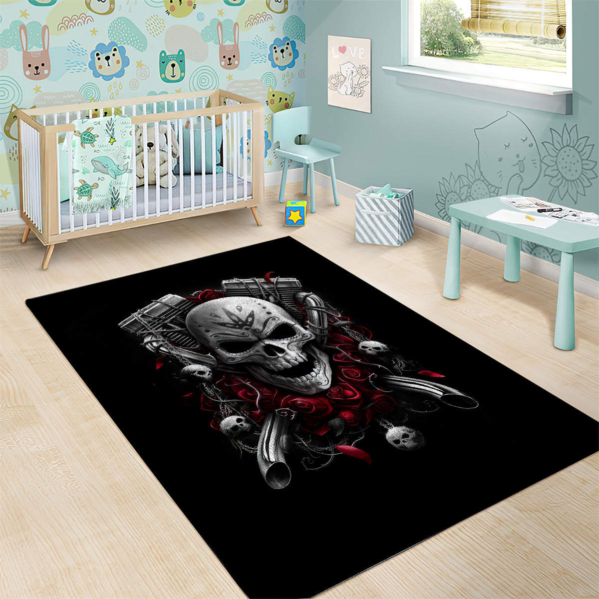 Skull Area Rug Riding Motocycle Girl Rose - Wonder Print Shop