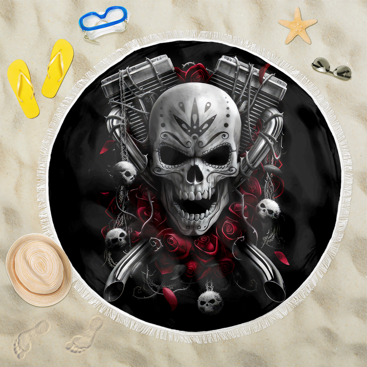 Skull Beach Blanket Riding Motocycle Girl Rose - Wonder Print Shop