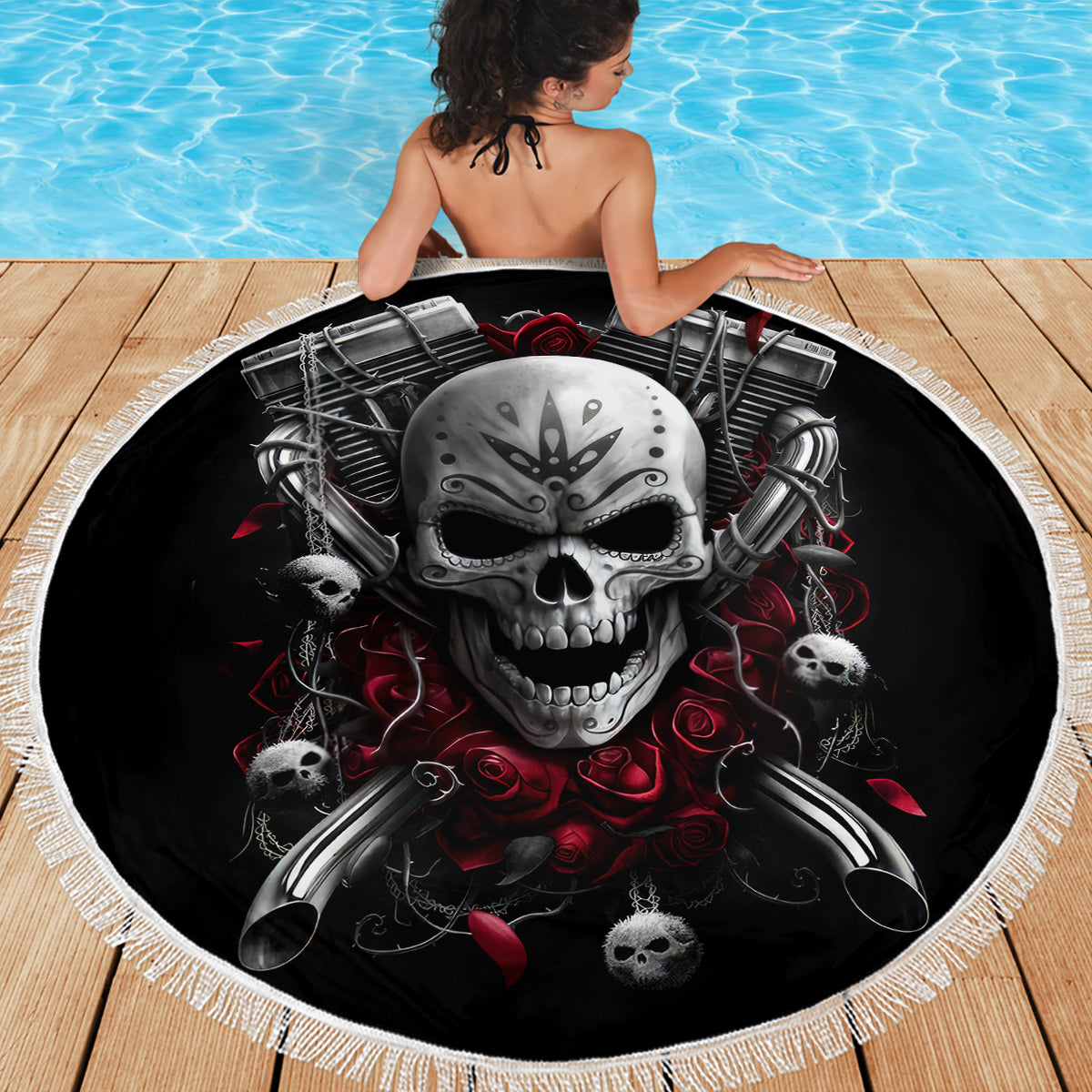 Skull Beach Blanket Riding Motocycle Girl Rose - Wonder Print Shop