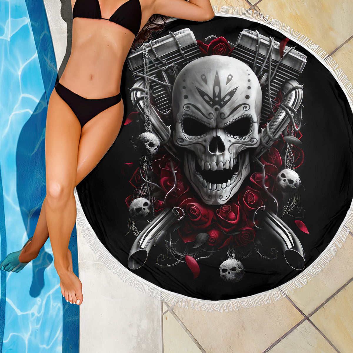 Skull Beach Blanket Riding Motocycle Girl Rose - Wonder Print Shop