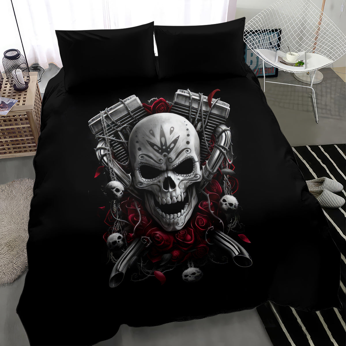 Skull Bedding Set Riding Motocycle Girl Rose - Wonder Print Shop
