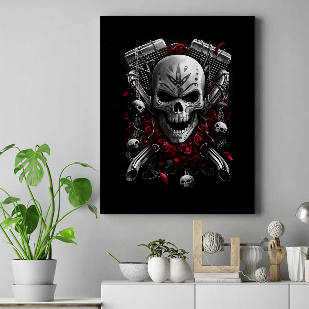 Skull Canvas Wall Art Riding Motocycle Girl Rose - Wonder Print Shop