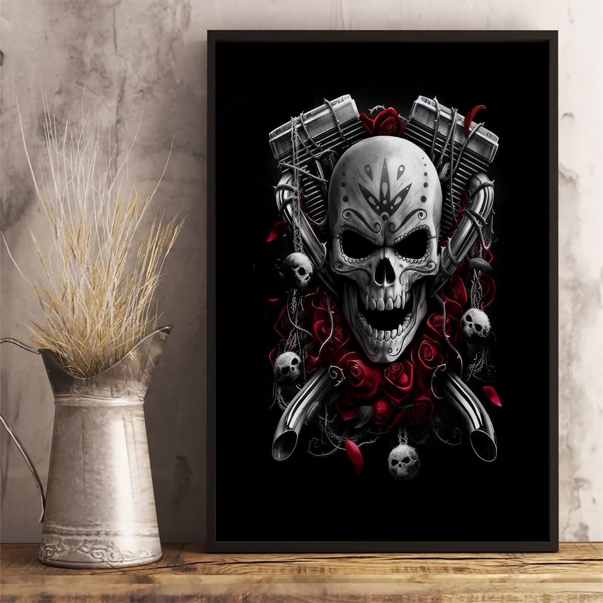 Skull Canvas Wall Art Riding Motocycle Girl Rose - Wonder Print Shop