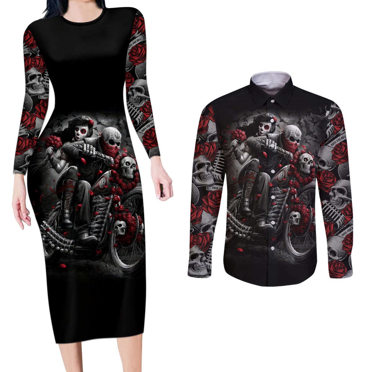 Skull Couples Matching Long Sleeve Bodycon Dress and Long Sleeve Button Shirts Riding Motocycle Girl Rose - Wonder Print Shop