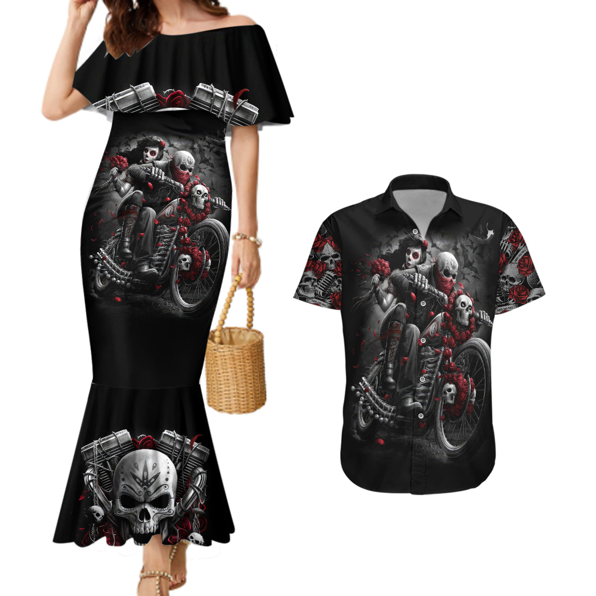 Skull Couples Matching Mermaid Dress And Hawaiian Shirt Riding Motocycle Girl Rose - Wonder Print Shop