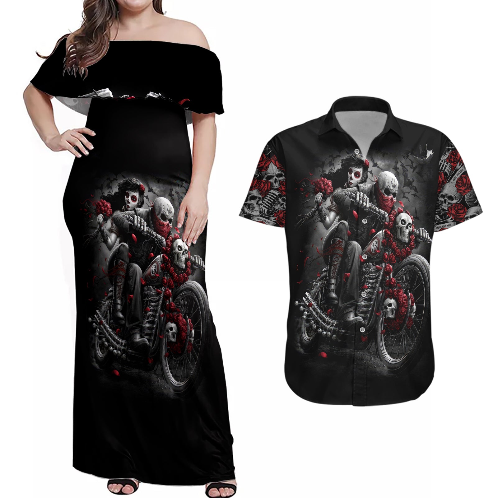 Skull Couples Matching Off Shoulder Maxi Dress and Hawaiian Shirt Riding Motocycle Girl Rose - Wonder Print Shop