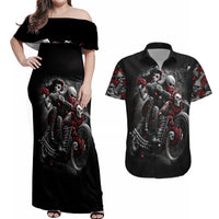 Skull Couples Matching Off Shoulder Maxi Dress and Hawaiian Shirt Riding Motocycle Girl Rose - Wonder Print Shop