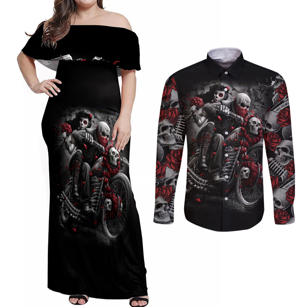 Skull Couples Matching Off Shoulder Maxi Dress and Long Sleeve Button Shirts Riding Motocycle Girl Rose - Wonder Print Shop
