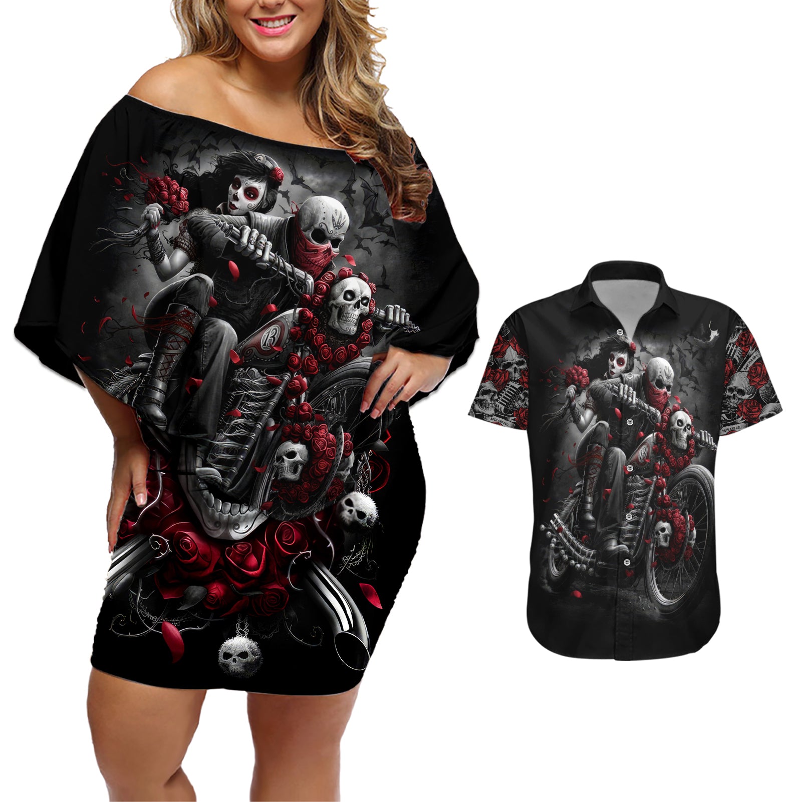 Skull Couples Matching Off Shoulder Short Dress and Hawaiian Shirt Riding Motocycle Girl Rose - Wonder Print Shop