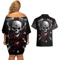 Skull Couples Matching Off Shoulder Short Dress and Hawaiian Shirt Riding Motocycle Girl Rose - Wonder Print Shop