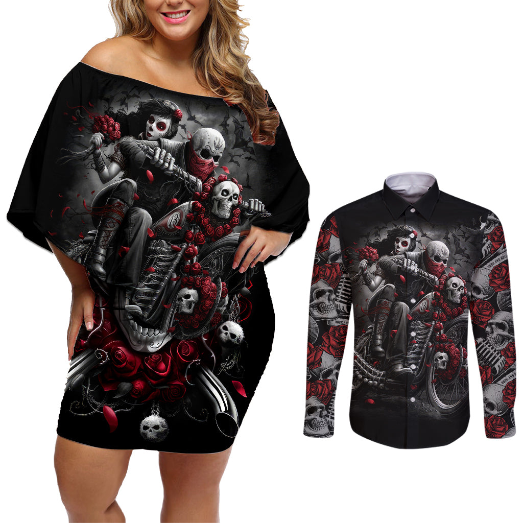 Skull Couples Matching Off Shoulder Short Dress and Long Sleeve Button Shirts Riding Motocycle Girl Rose - Wonder Print Shop