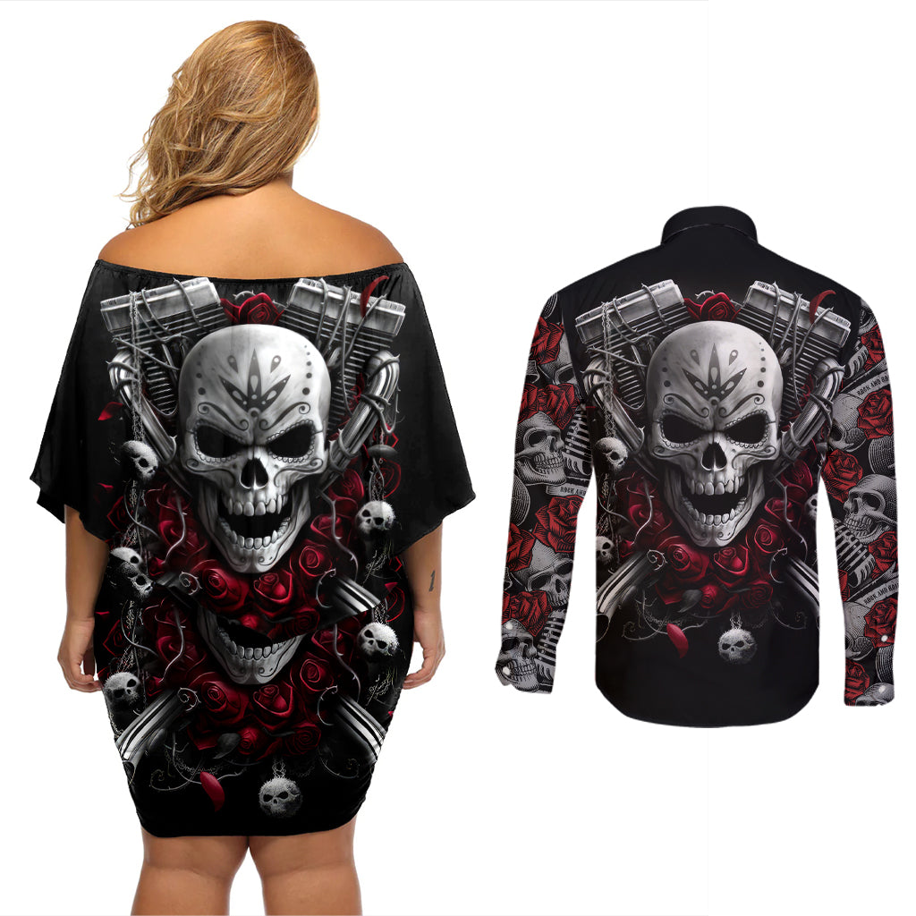 Skull Couples Matching Off Shoulder Short Dress and Long Sleeve Button Shirts Riding Motocycle Girl Rose - Wonder Print Shop