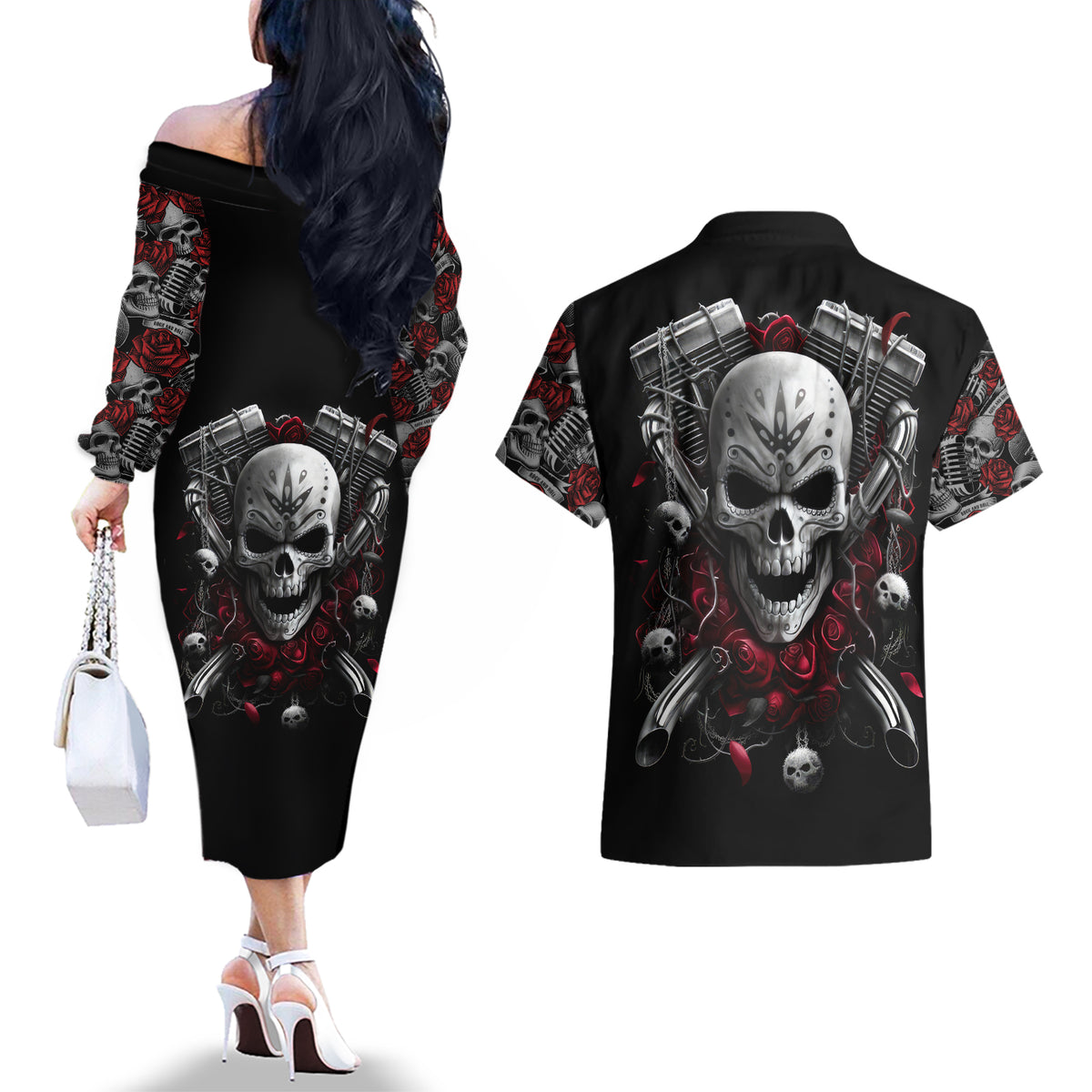 Skull Couples Matching Off The Shoulder Long Sleeve Dress and Hawaiian Shirt Riding Motocycle Girl Rose - Wonder Print Shop