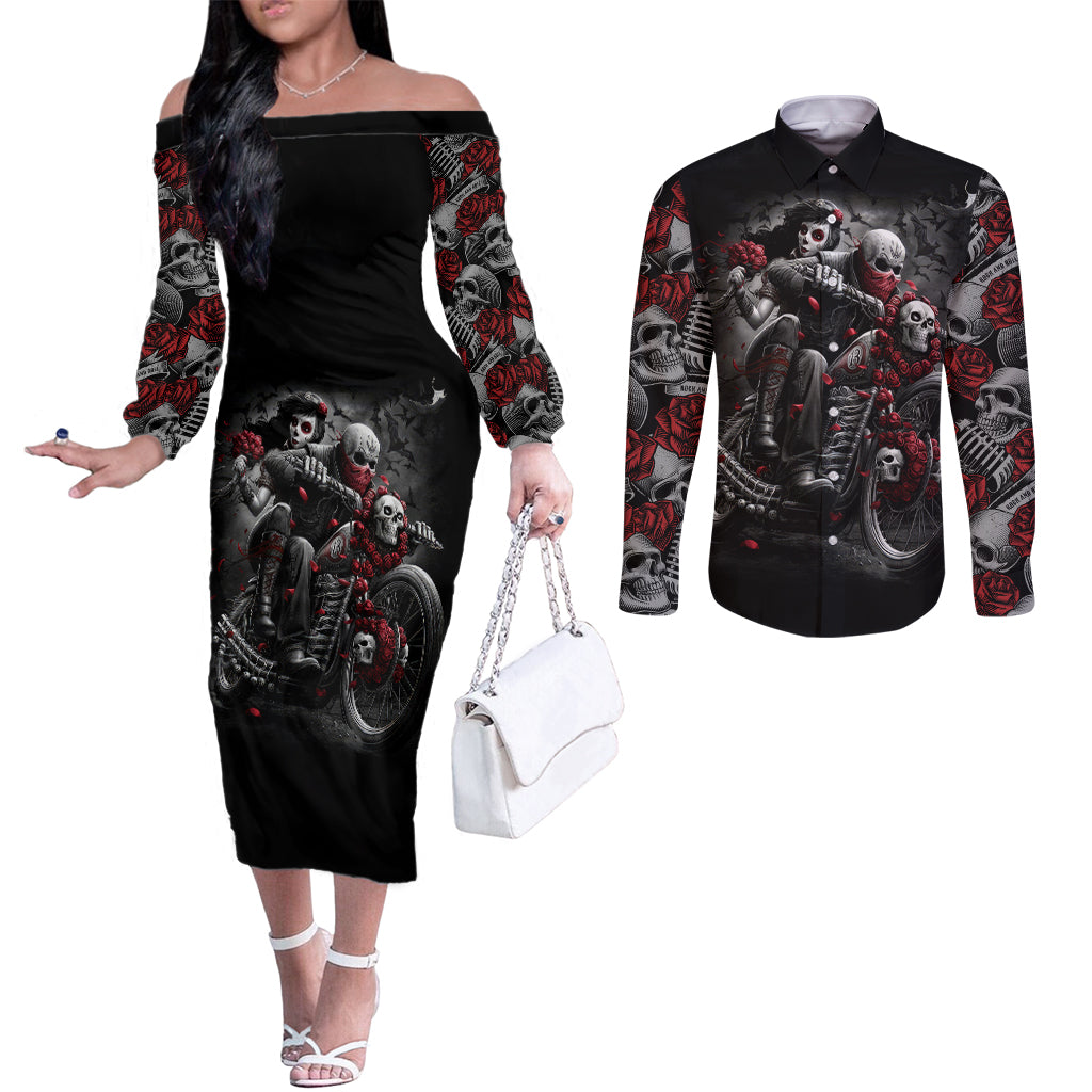 Skull Couples Matching Off The Shoulder Long Sleeve Dress and Long Sleeve Button Shirts Riding Motocycle Girl Rose DT01