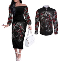 Skull Couples Matching Off The Shoulder Long Sleeve Dress and Long Sleeve Button Shirts Riding Motocycle Girl Rose DT01